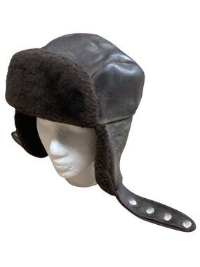 Vtg Genuine Leather Aviator Trapper Hat Sz 7 3/8 Ushanka Brown USA Made
